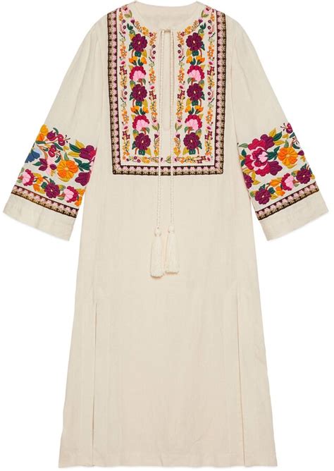 Floral embroidery organic linen kaftan 